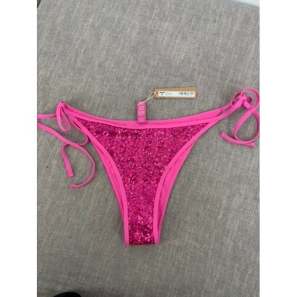 Skims Bikini Bar Tie Bikini Bottom Flamingo Pink Sequin Size L Large NWT